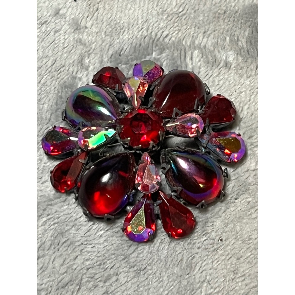 Regency Vintage Red Aurora Borealis Rhinestone Floral Brooch Pin Japanned Metal
